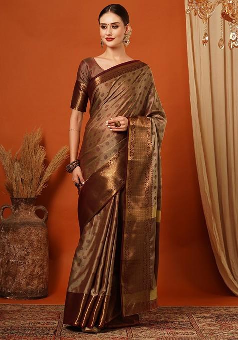 Brown Zari Silk Saree Set