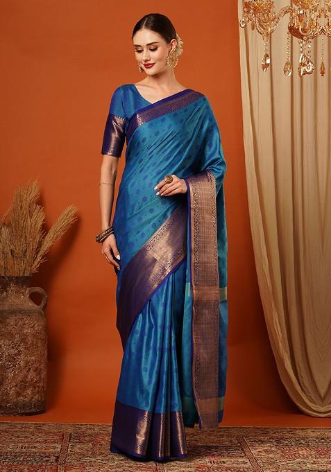 Blue Zari Silk Saree Set