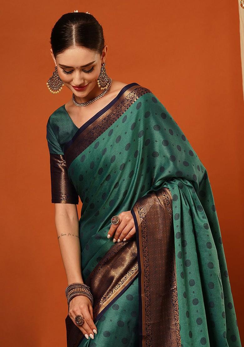 Turquoise Blue Woven Silk Saree Set