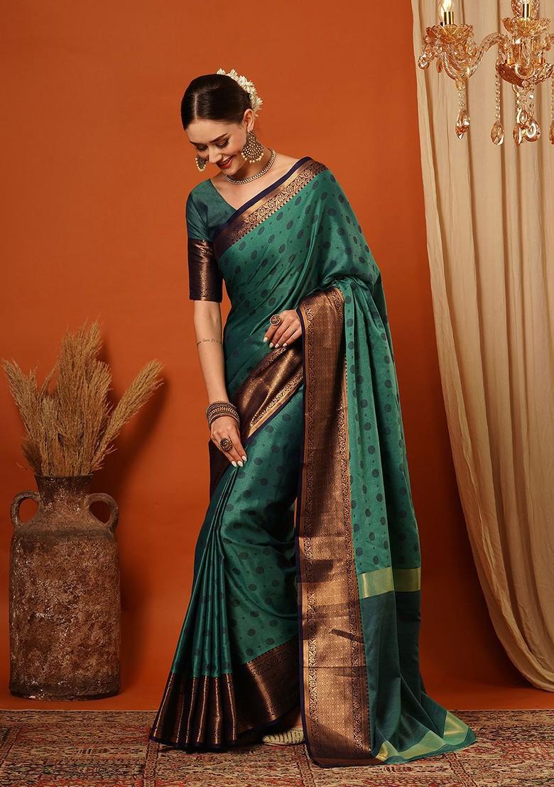 Turquoise Blue Woven Silk Saree Set