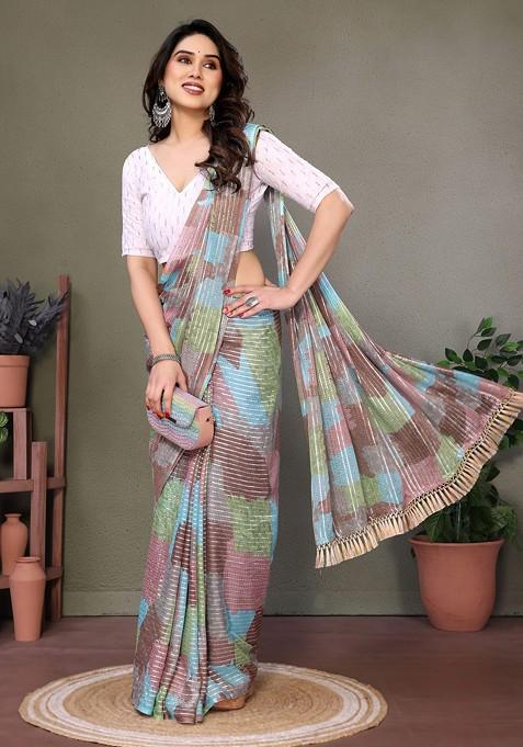 Brown Zari Georgette Saree Set
