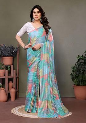 Turquoise Blue Printed Georgette Saree Set