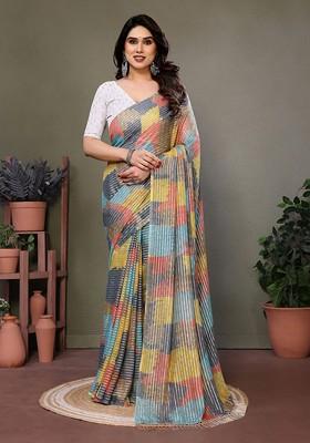 Grey Printed Georgette Saree Set
