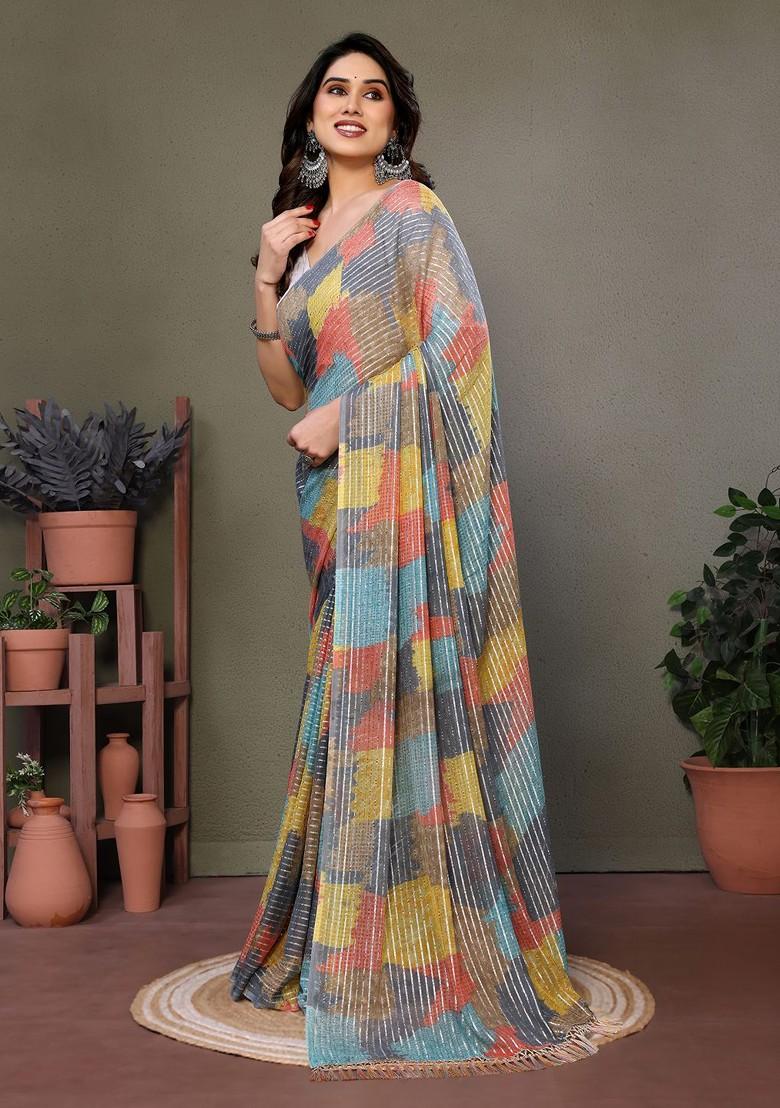 Grey Printed Georgette Saree Set