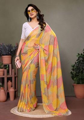 Mustard Striped Georgette Saree Set