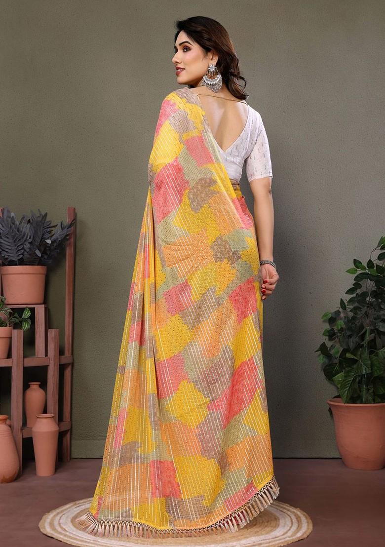 Mustard Striped Georgette Saree Set