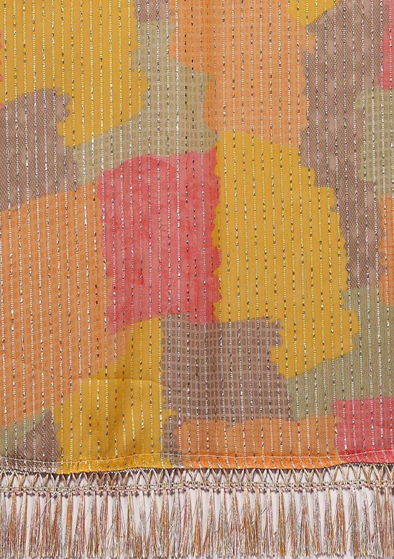 Mustard Striped Georgette Saree Set