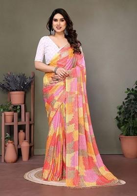 Orange Striped Georgette Saree Set