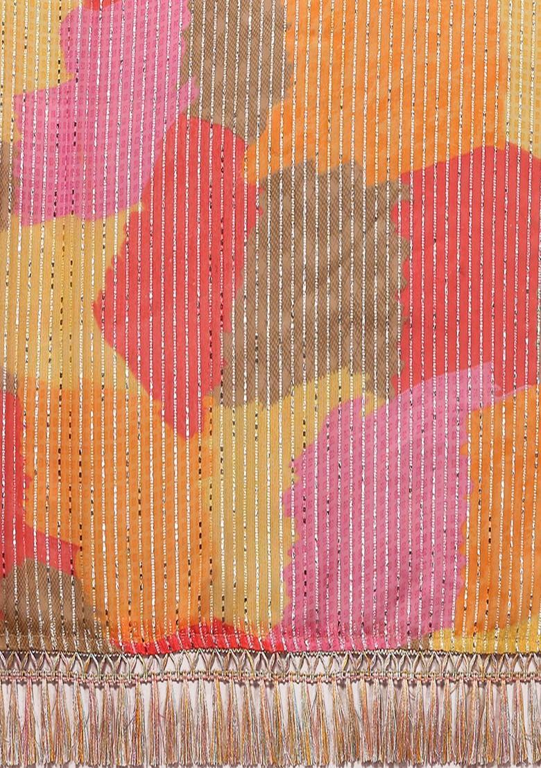 Orange Striped Georgette Saree Set