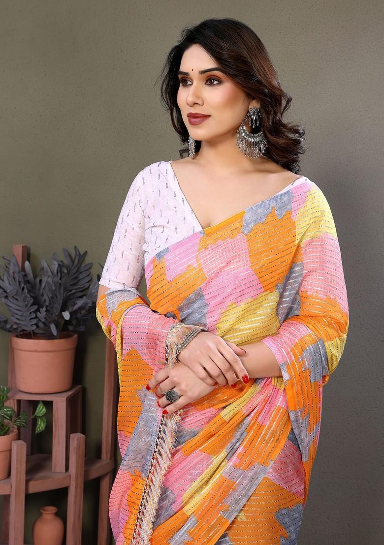 Pink Printed Georgette Saree Set