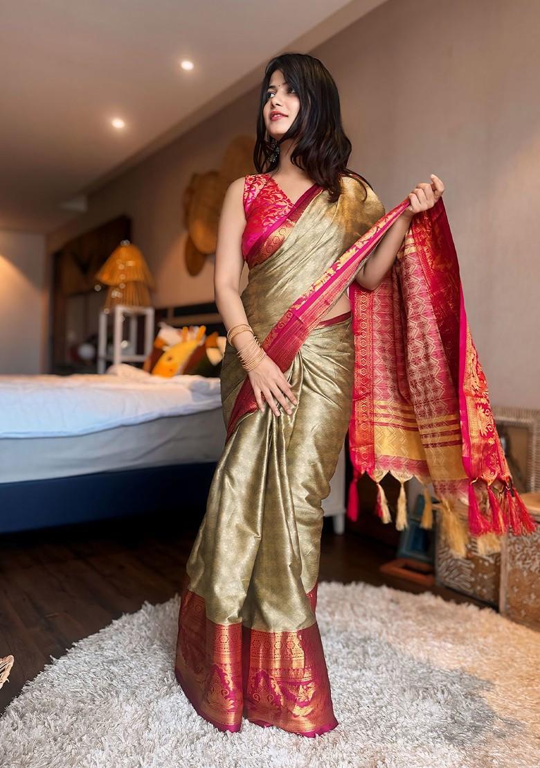 Cream Woven Poly Blend Saree Set