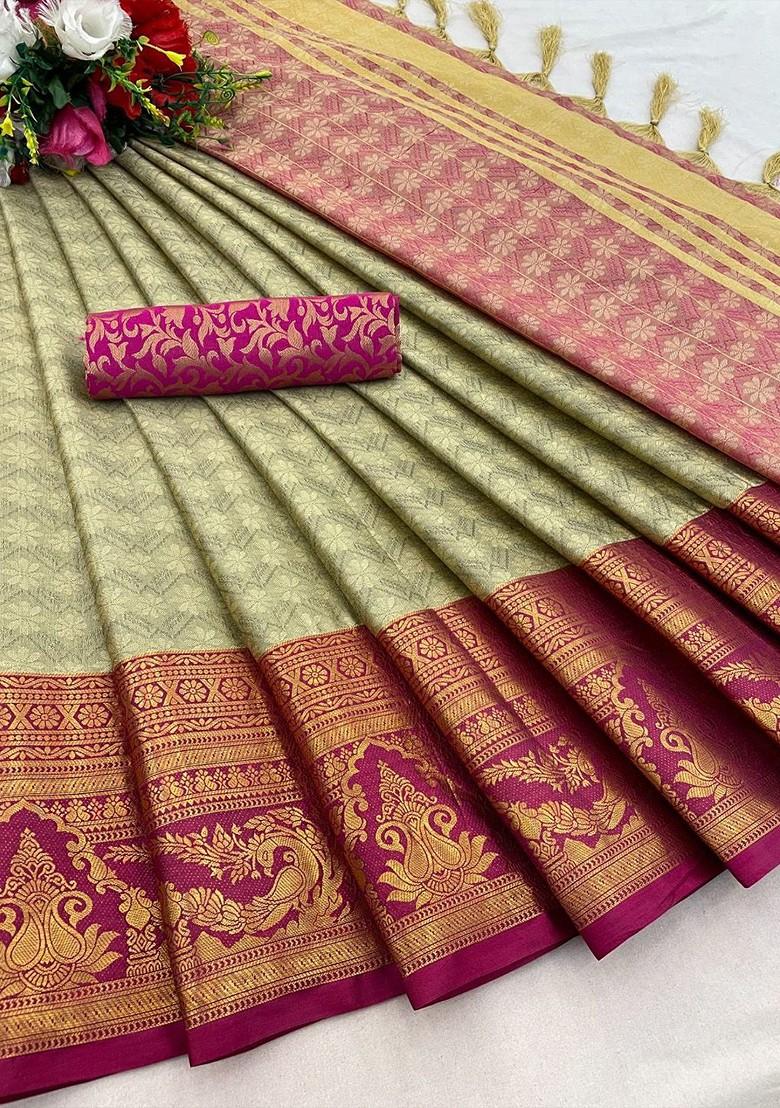 Cream Woven Poly Blend Saree Set