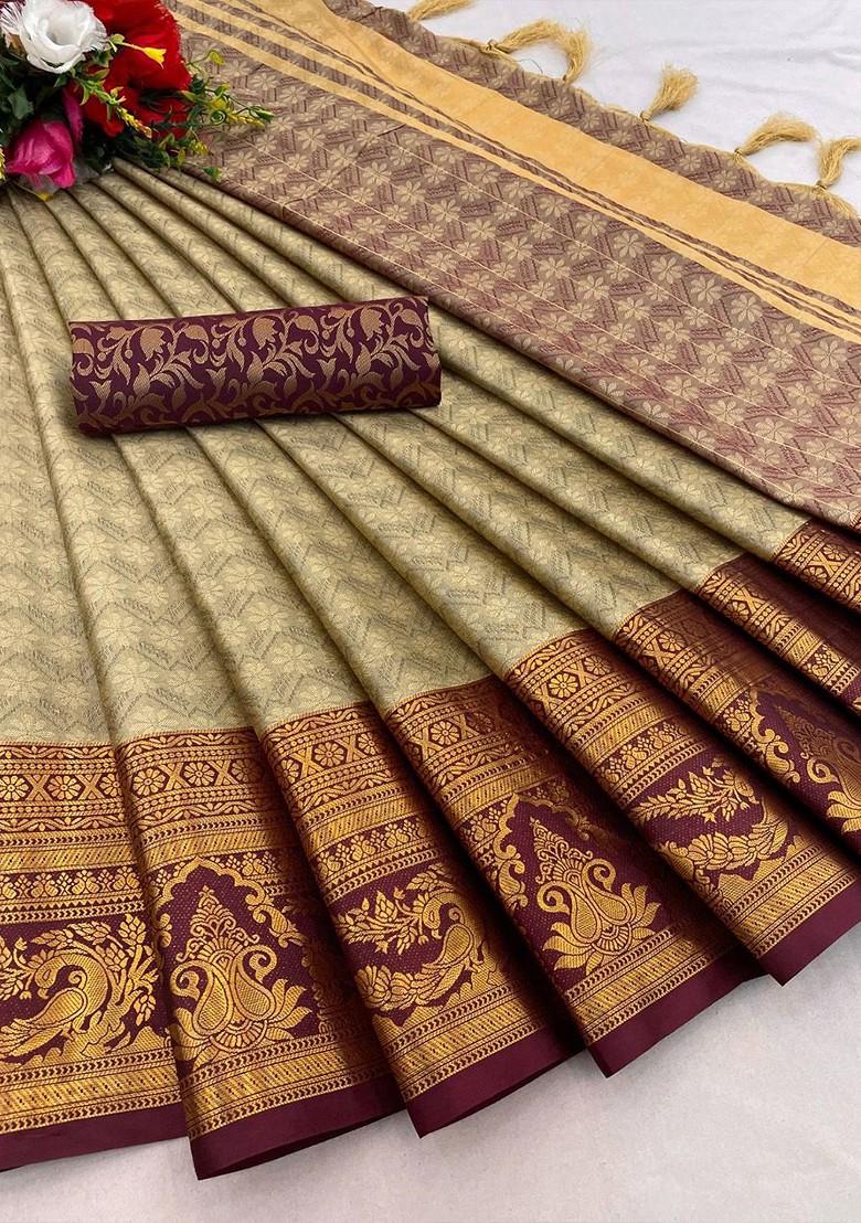 Cream Woven Poly Blend Saree Set