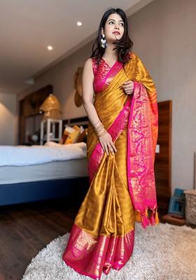 Gold Woven Poly Blend Saree Set