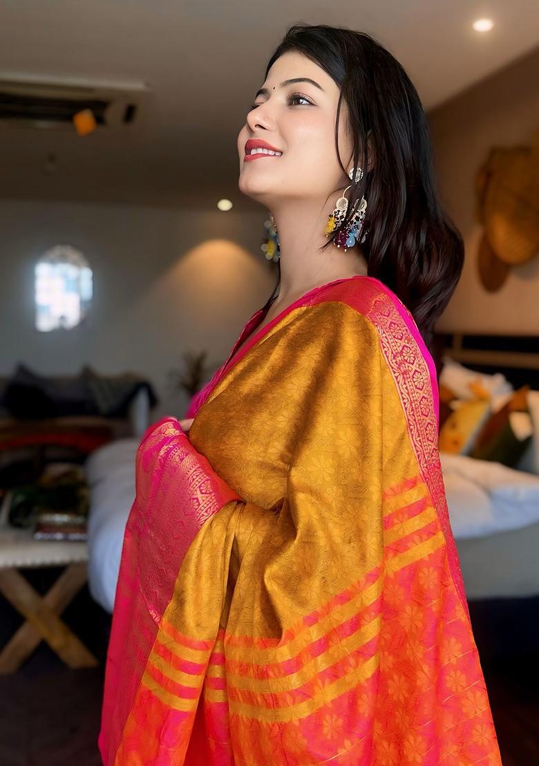 Gold Woven Poly Blend Saree Set