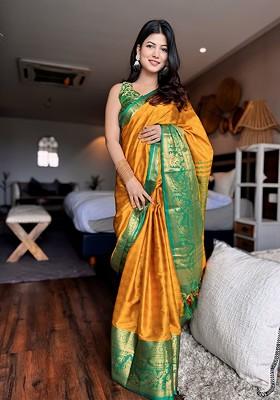Green Woven Poly Blend Saree Set