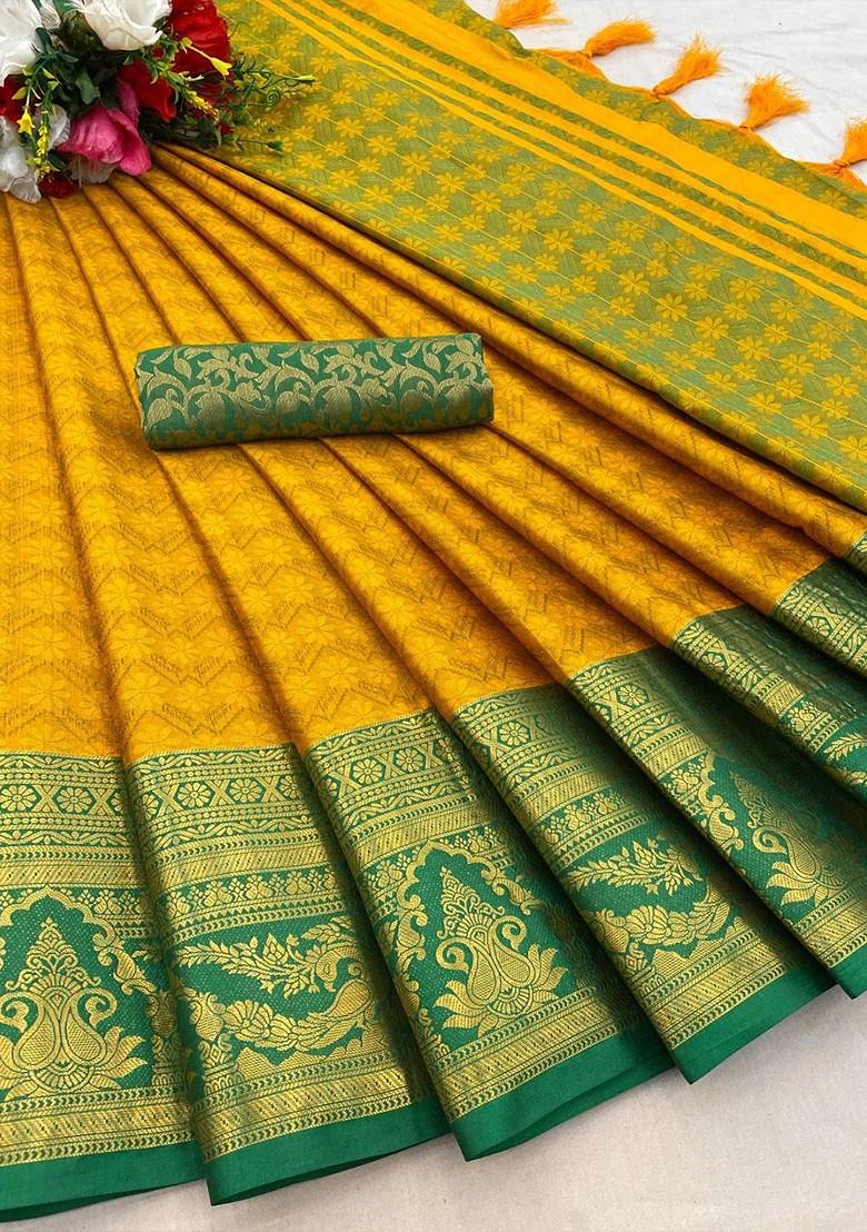 Green Woven Poly Blend Saree Set