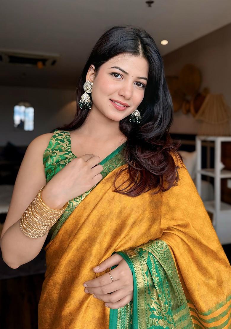 Green Woven Poly Blend Saree Set