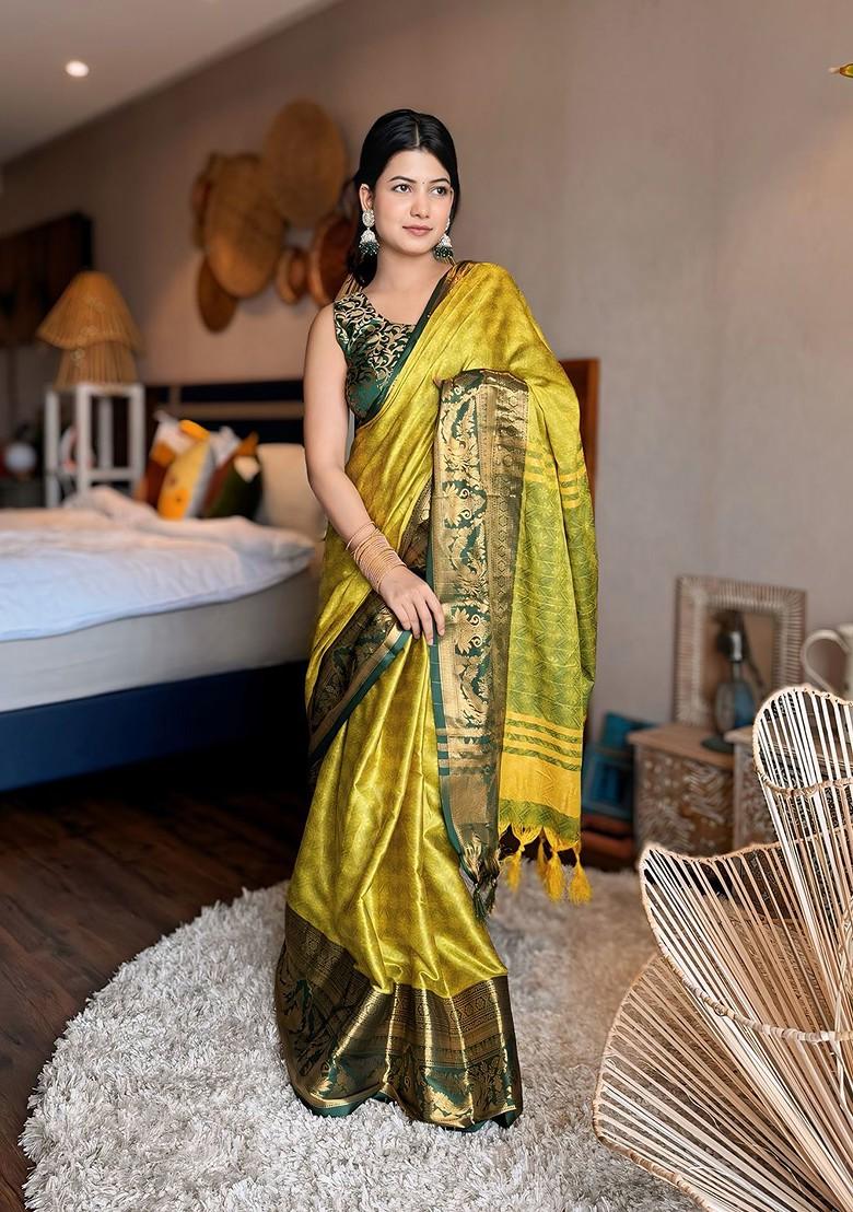 Green Woven Poly Blend Saree Set