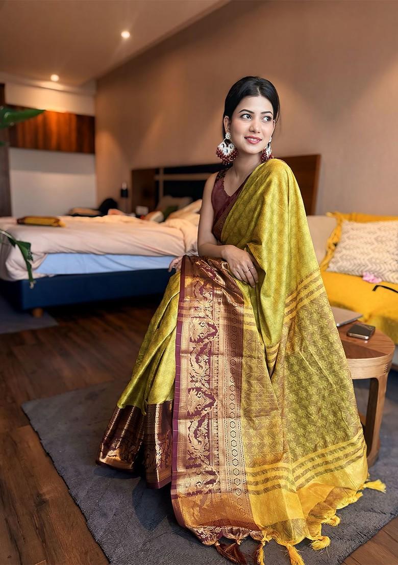 Lime Green Woven Poly Blend Saree Set