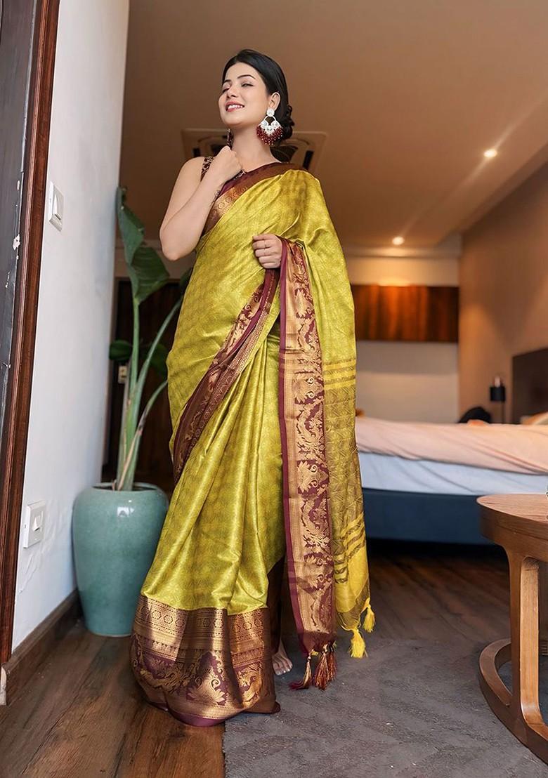 Lime Green Woven Poly Blend Saree Set