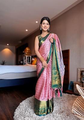 Pink Woven Poly Blend Saree Set