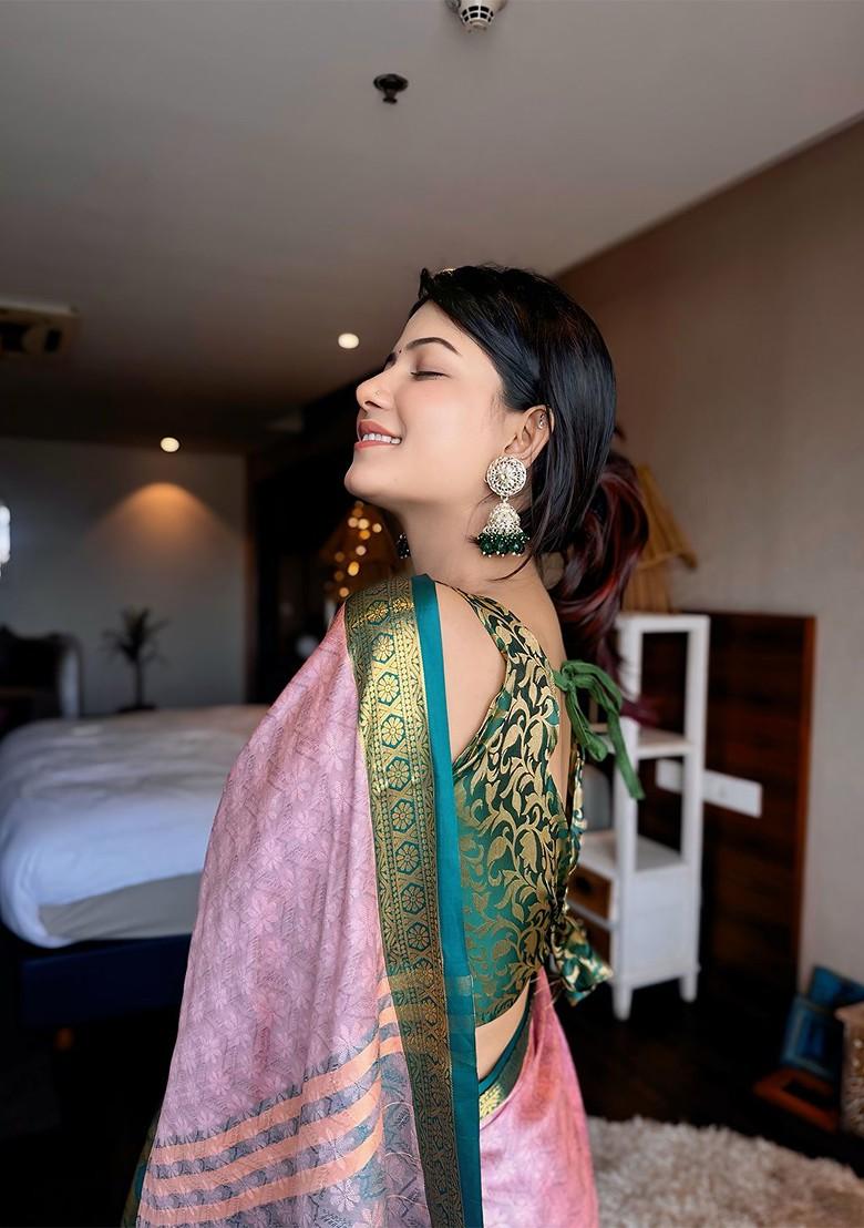 Pink Woven Poly Blend Saree Set