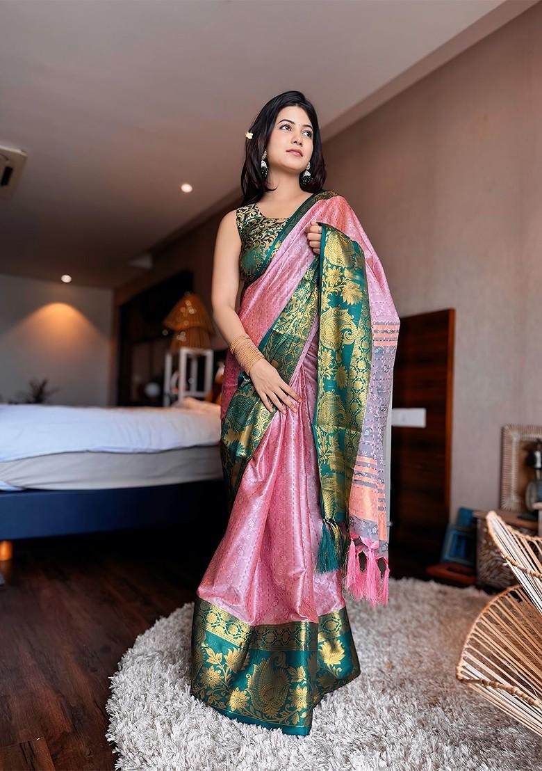 Pink Woven Poly Blend Saree Set