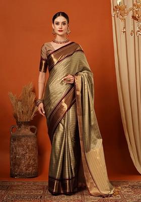 Brown Woven Silk Saree Set
