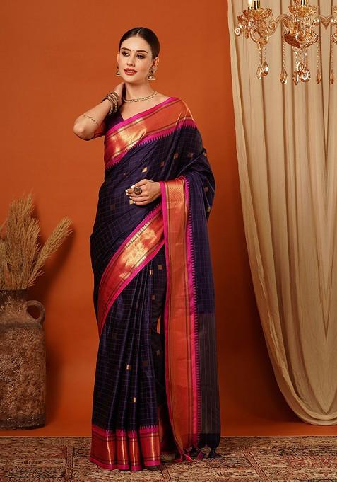 Blue Woven Silk Saree Set