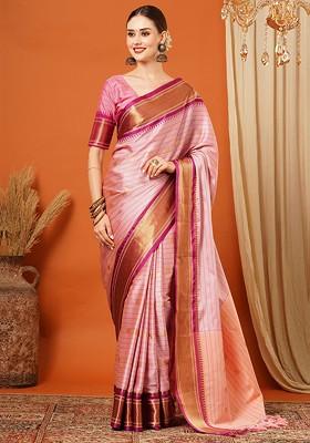 Pink Woven Silk Saree Set