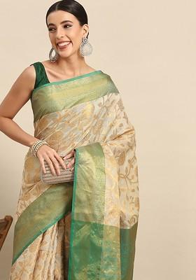 Cream Woven Silk Saree Set