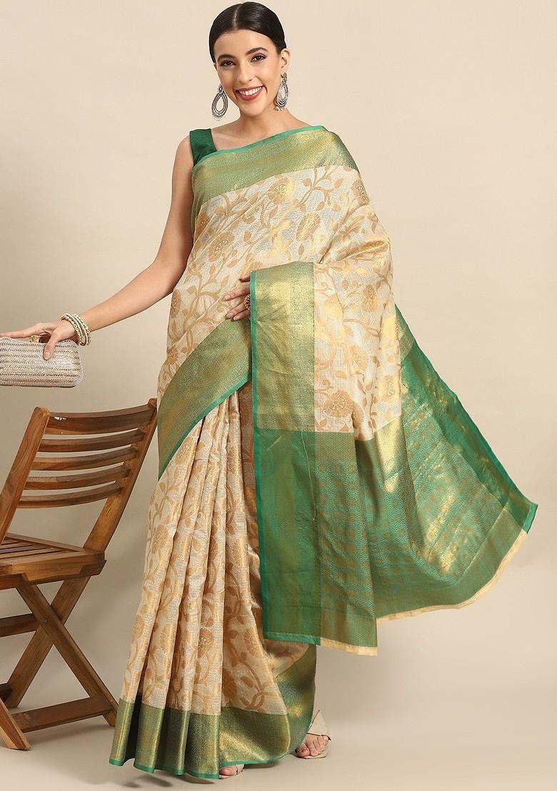 Cream Woven Silk Saree Set