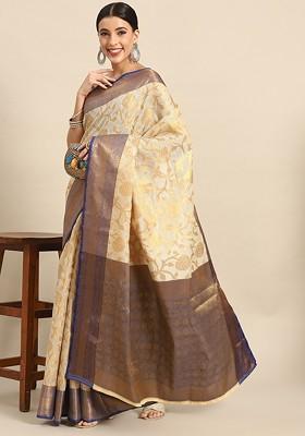 Cream Woven Silk Saree Set