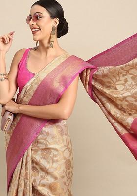 Cream Woven Tissue Saree Set
