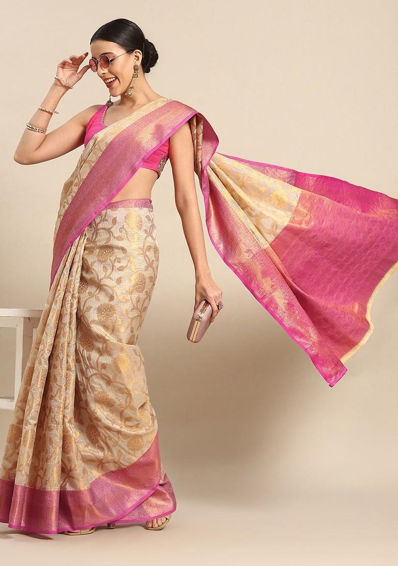 Cream Woven Tissue Saree Set