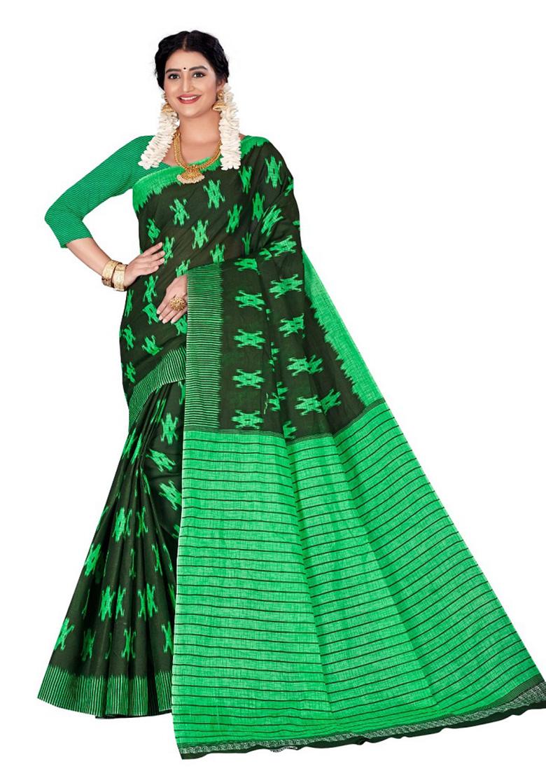 Black Printed Cotton Saree Set