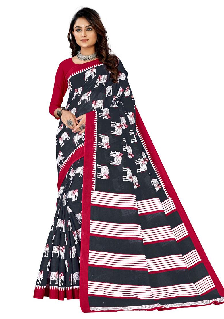 Black Printed Cotton Saree Set