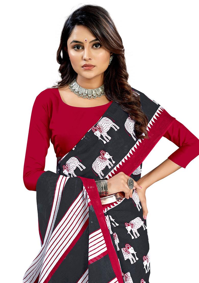 Black Printed Cotton Saree Set