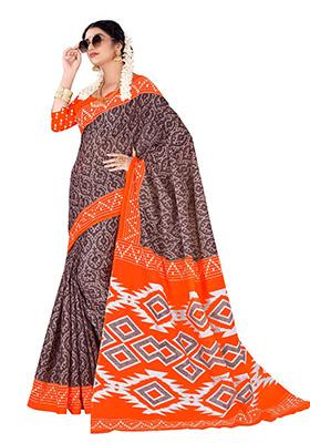Brown Printed Cotton Saree Set