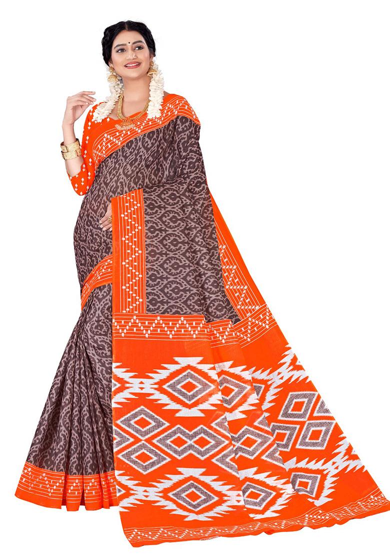 Brown Printed Cotton Saree Set