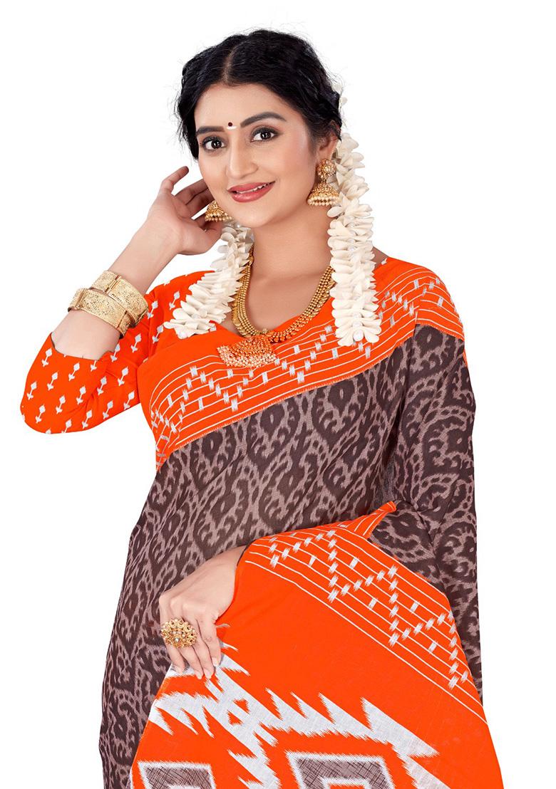 Brown Printed Cotton Saree Set