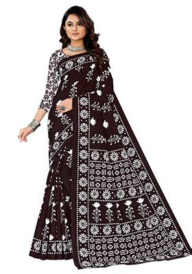 Dark Brown Printed Cotton Saree Set