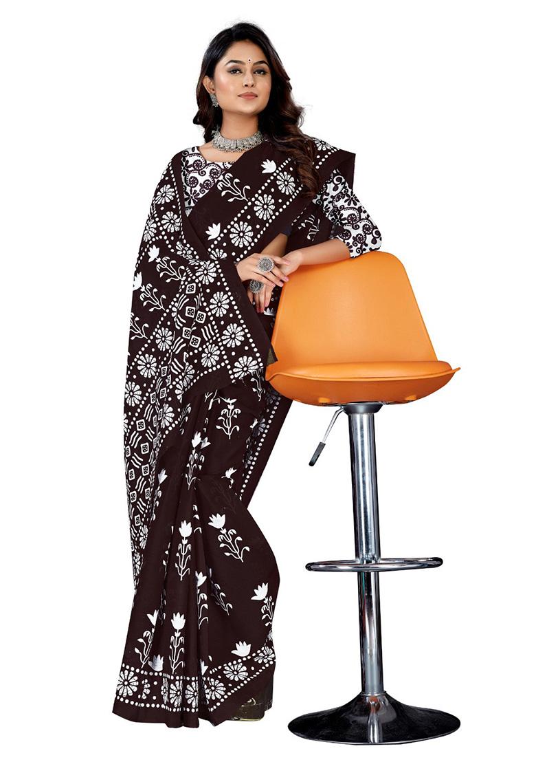 Dark Brown Printed Cotton Saree Set