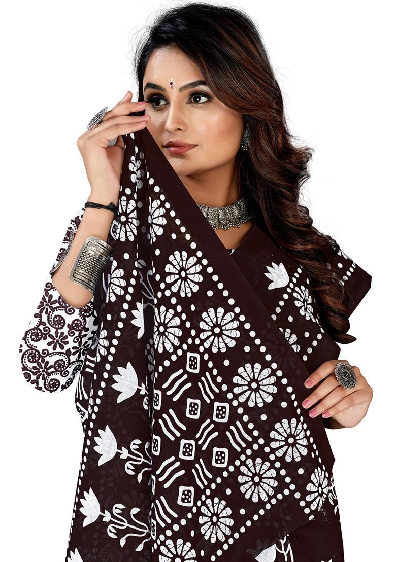 Dark Brown Printed Cotton Saree Set