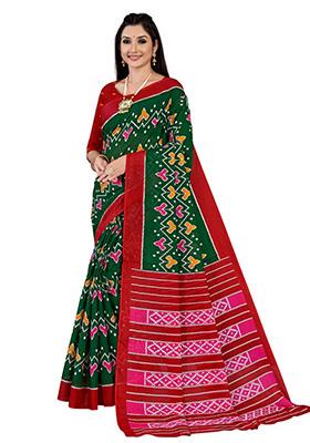 Dark Green Printed Cotton Saree Set
