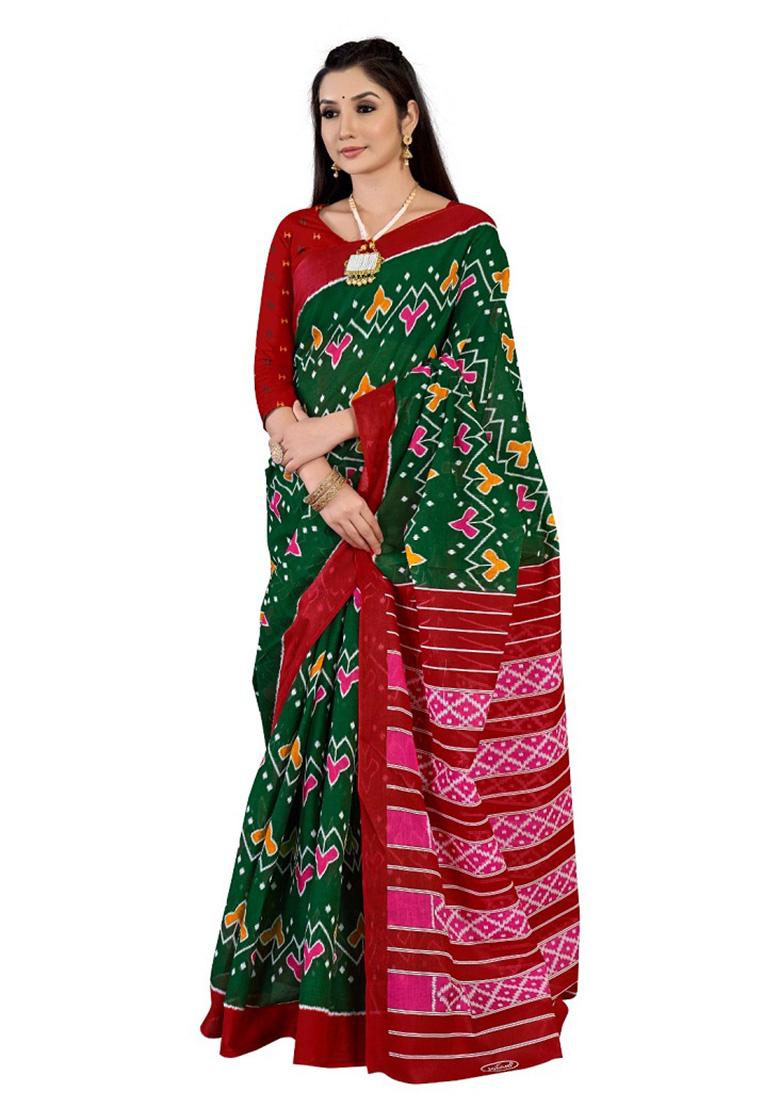 Dark Green Printed Cotton Saree Set