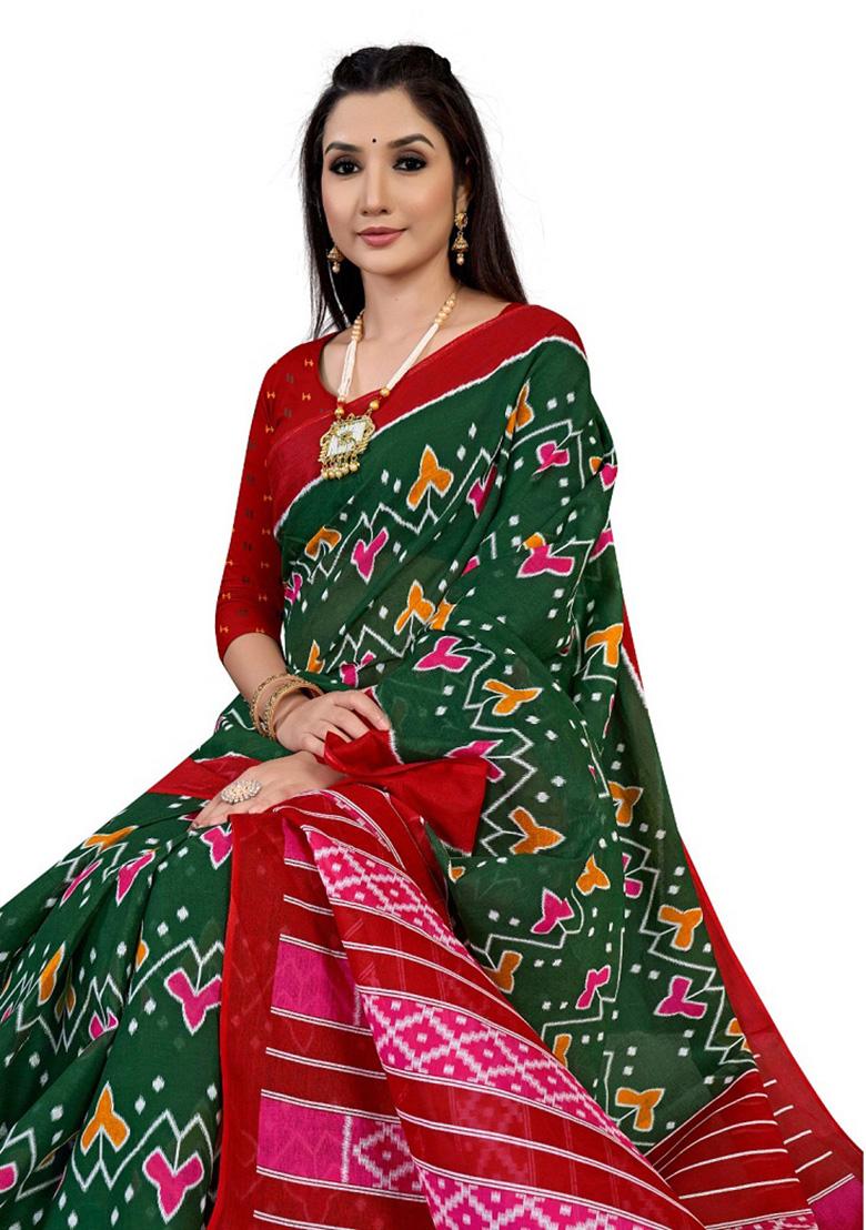 Dark Green Printed Cotton Saree Set
