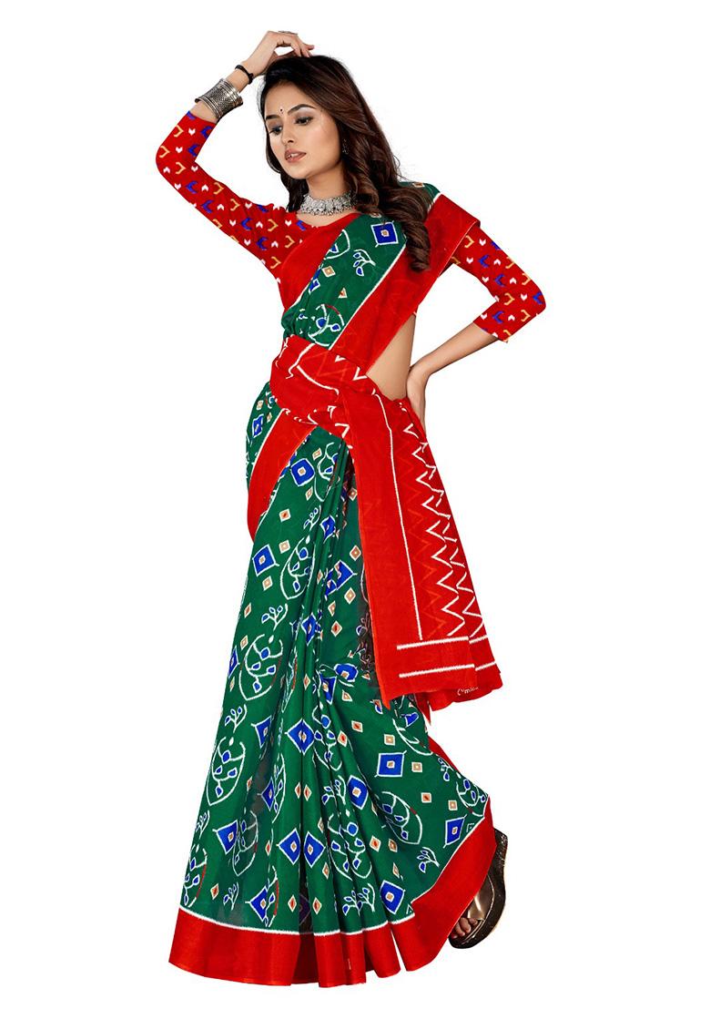 Dark Green Printed Cotton Saree Set