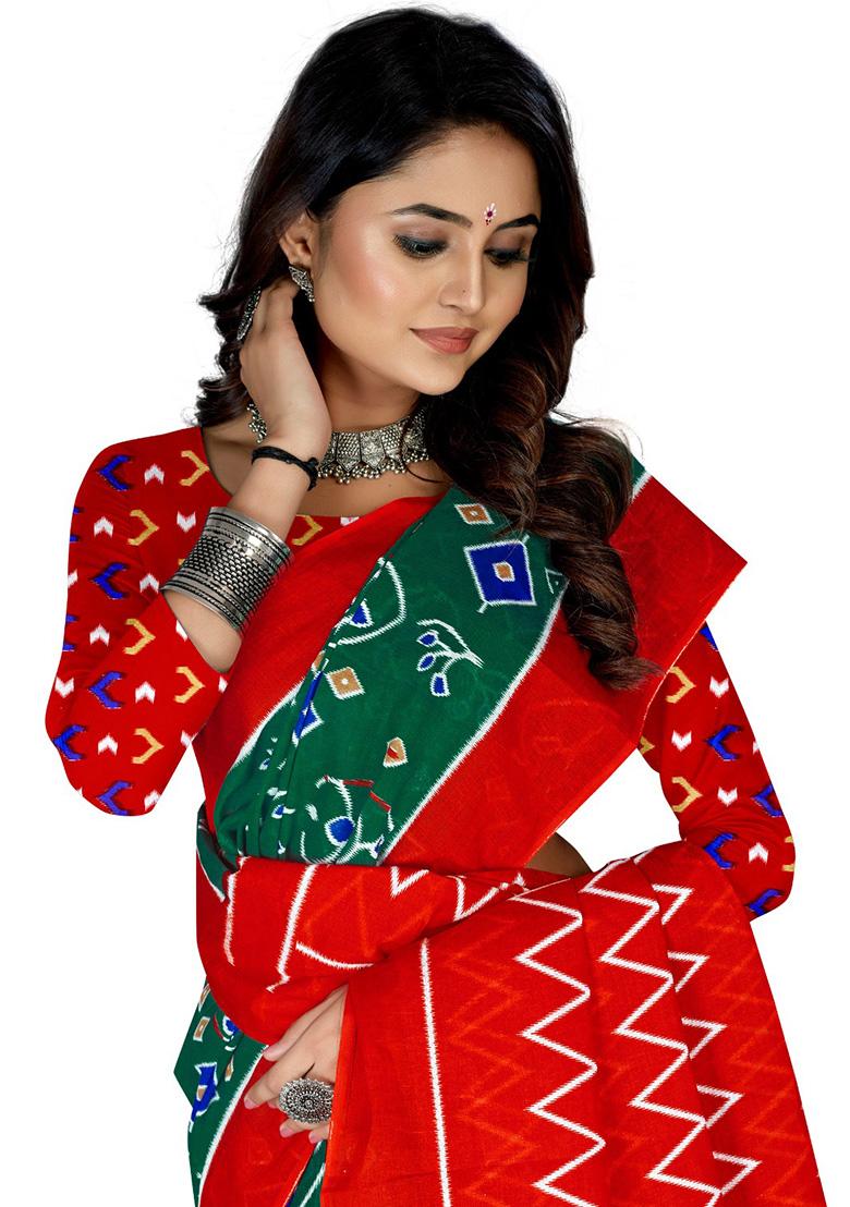 Dark Green Printed Cotton Saree Set